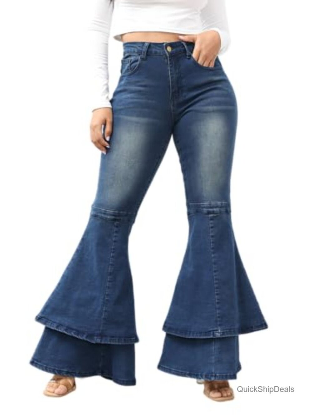 ThusFar Women High Waisted Flared Bell Bottom Stretch Denim Jeans Ruffle Hem